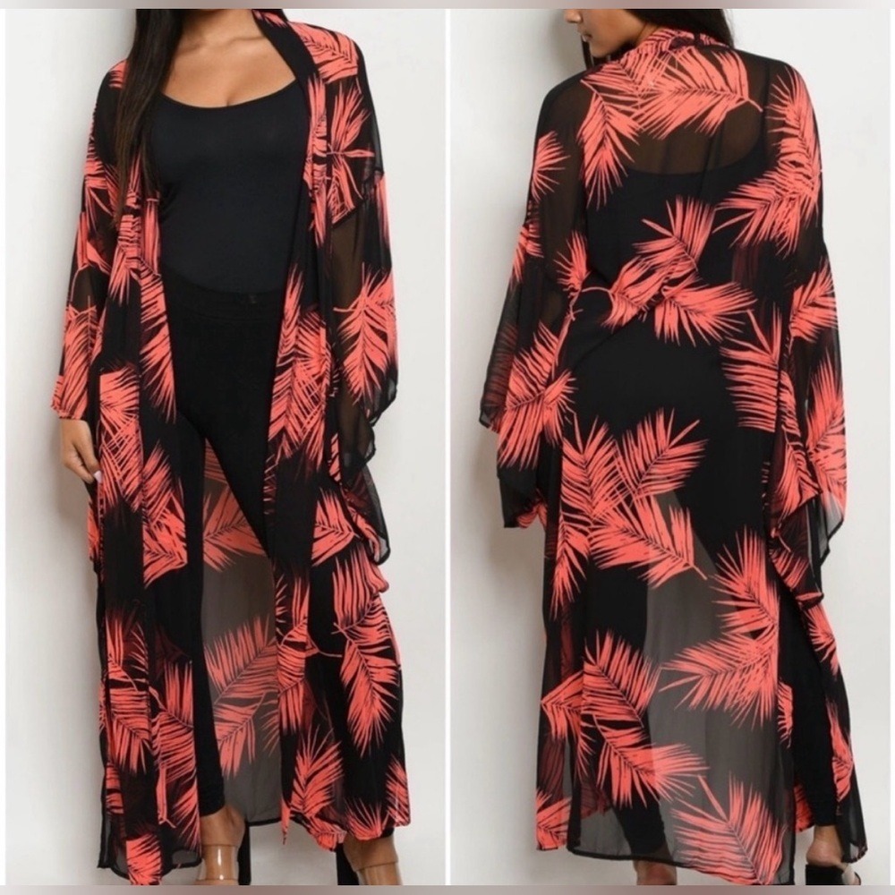 Day & Night Tropical Palm Print Duster Kimono Cardigan Black Coral Pink Sheer